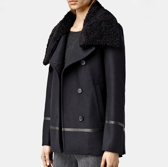 All Saints Okito Minimilist Wool Shearling Collar Pea Lamb Leather Coat - Picture 5 of 11